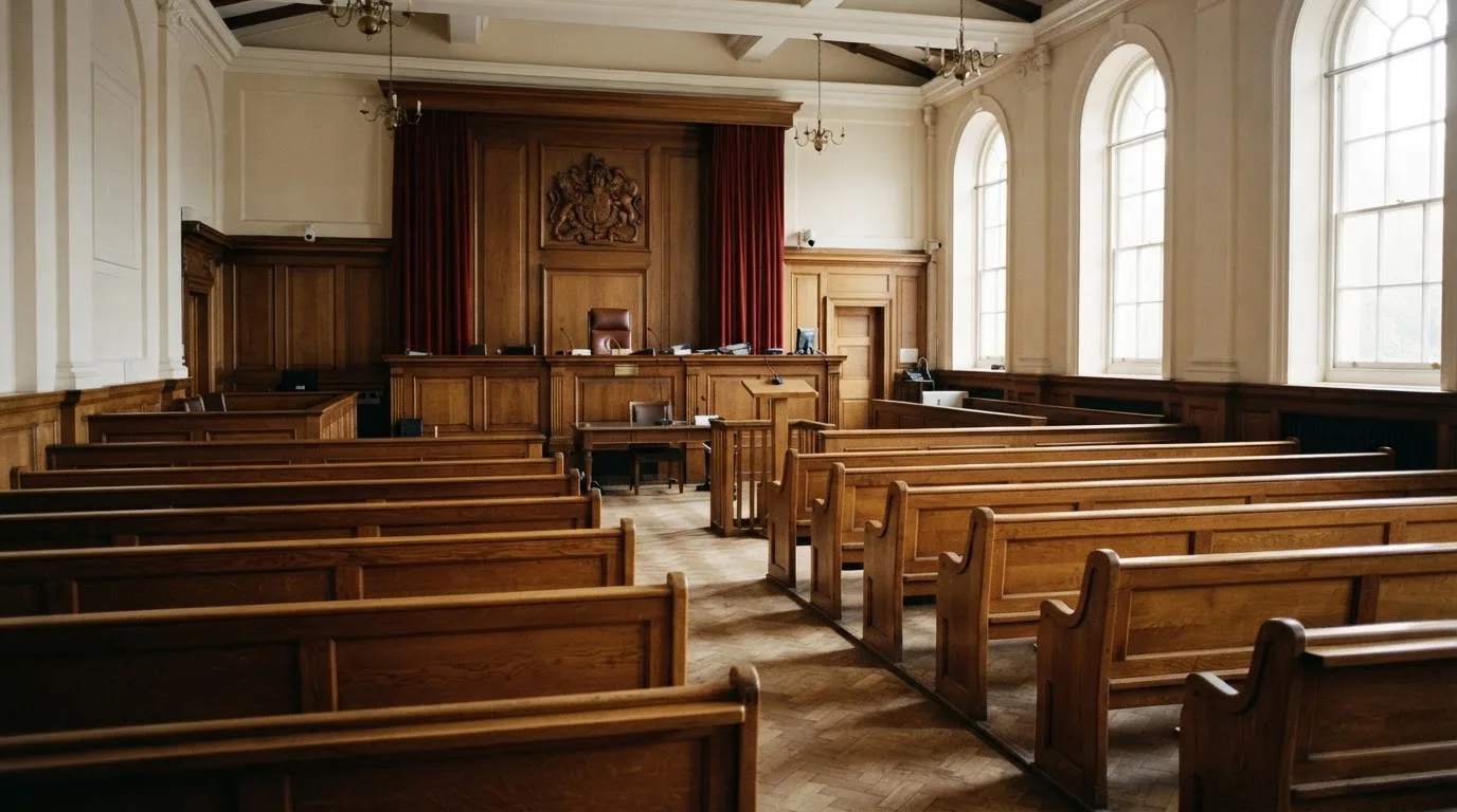 Una sala de tribunal vacía con bancos de madera a la luz de la mañana